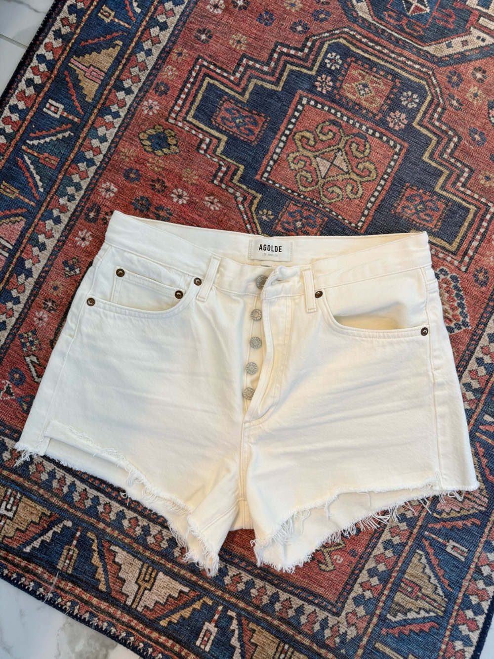 Agolde White High-Rise Denim Shorts with Button Fly